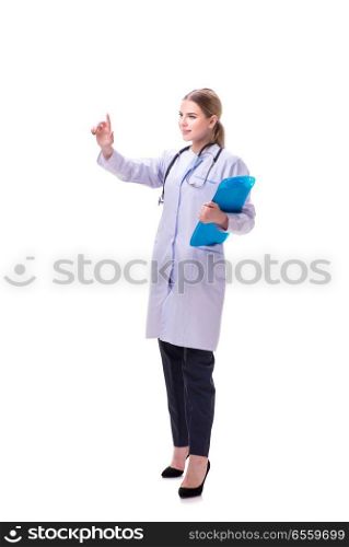 The young woman doctor isolated on white background. Young woman doctor isolated on white background. The young woman doctor isolated on white background