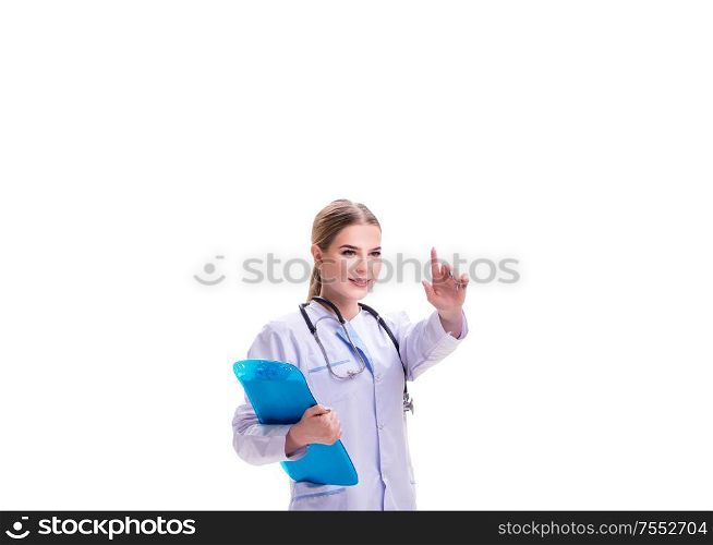 The young woman doctor isolated on white background. Young woman doctor isolated on white background