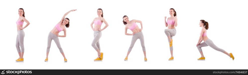 The young woman doing exercises on white. Young woman doing exercises on white