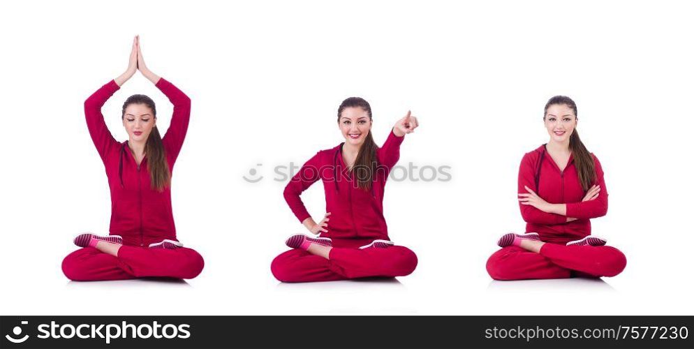 The young woman doing exercises on white. Young woman doing exercises on white