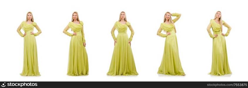 The young woman in elegant long green dress isolated on white. Young woman in elegant long green dress isolated on white