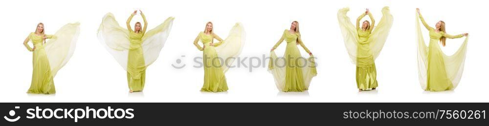 The young woman in elegant long green dress isolated on white. Young woman in elegant long green dress isolated on white