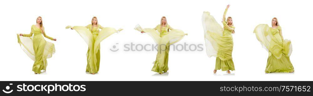 The young woman in elegant long green dress isolated on white. Young woman in elegant long green dress isolated on white