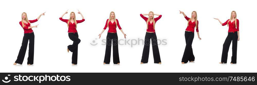 The young woman in flared pants isolated on white. Young woman in flared pants isolated on white