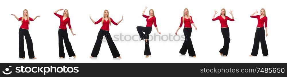 The young woman in flared pants isolated on white. Young woman in flared pants isolated on white