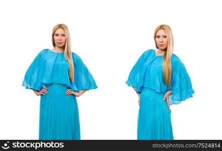 The young woman in gentle blue dress isolated on white. Young woman in gentle blue dress isolated on white