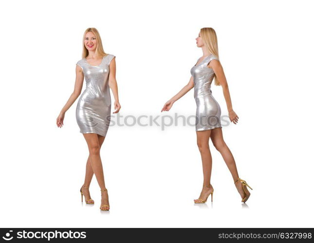 The young woman in silver dress isolated on white. Young woman in silver dress isolated on white