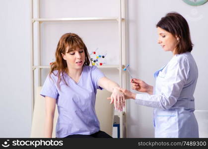 The young woman visiting female doctor physiotherapist. Young woman visiting female doctor physiotherapist