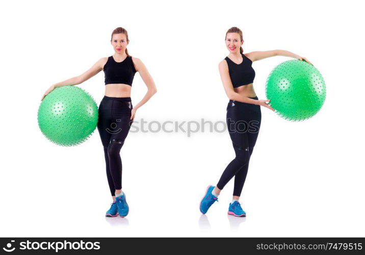 The young woman with ball exercising on white. Young woman with ball exercising on white