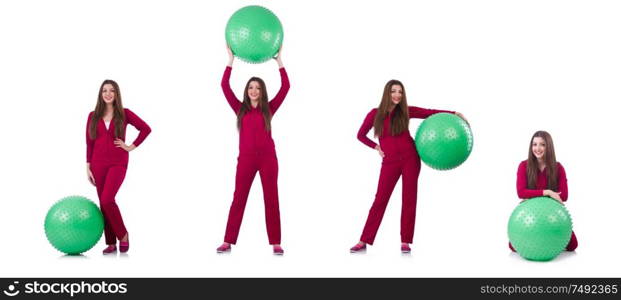 The young woman with ball exercising on white. Young woman with ball exercising on white