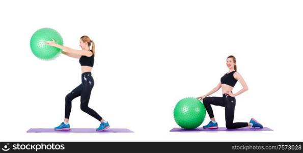The young woman with ball exercising on white. Young woman with ball exercising on white