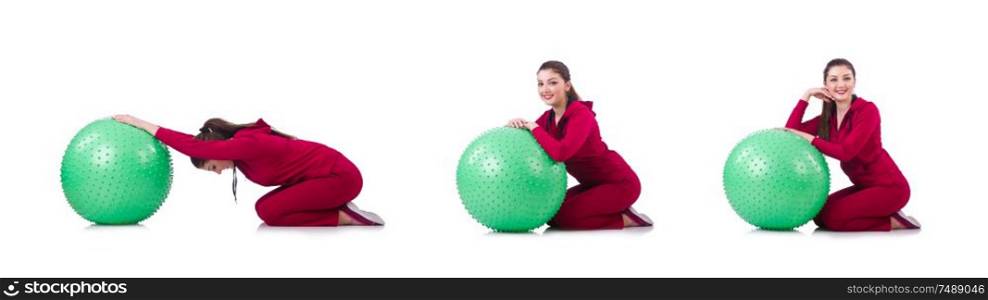 The young woman with ball exercising on whitee. Young woman with ball exercising on whitee
