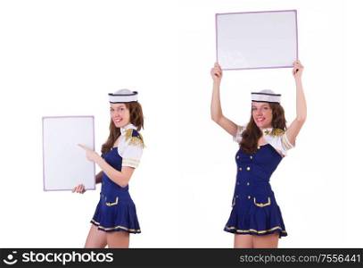 The young woman with blank board on white. Young woman with blank board on white
