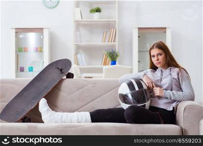 The young woman with broken leg at home. Young woman with broken leg at home