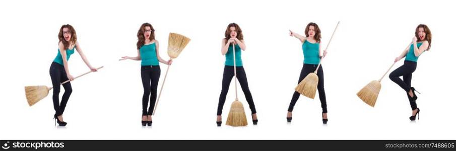 The young woman with broom isolated on white. Young woman with broom isolated on white