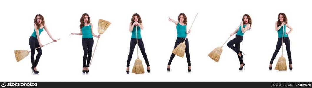 The young woman with broom isolated on white. Young woman with broom isolated on white