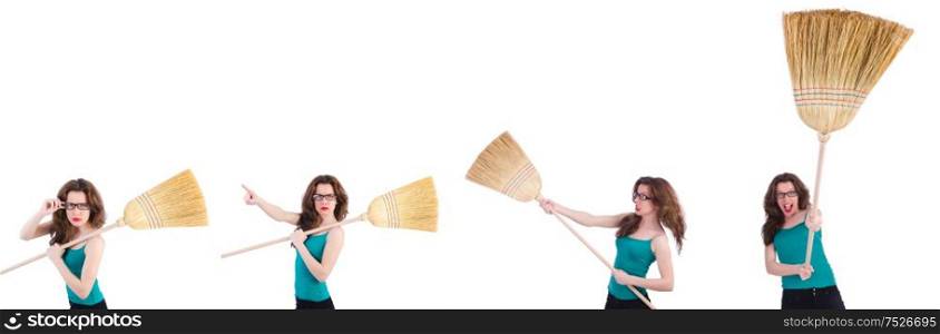 The young woman with broom on white. Young woman with broom on white