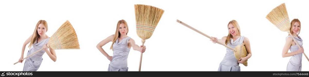 The young woman with broom on white. Young woman with broom on white