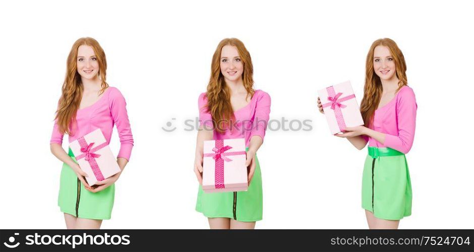 The young woman with christmas shopping on white. Young woman with christmas shopping on white
