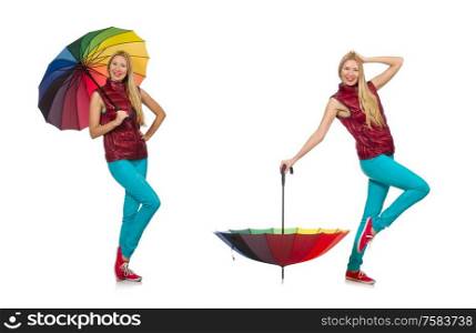 The young woman with colourful umbrella isolated on white. Young woman with colourful umbrella isolated on white