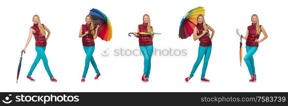 The young woman with colourful umbrella isolated on white. Young woman with colourful umbrella isolated on white