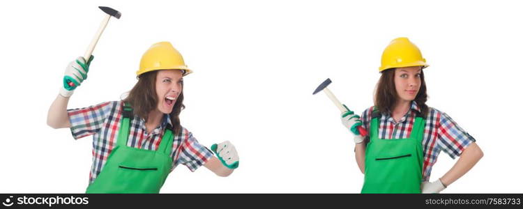 The young woman with hammer on white. Young woman with hammer on white