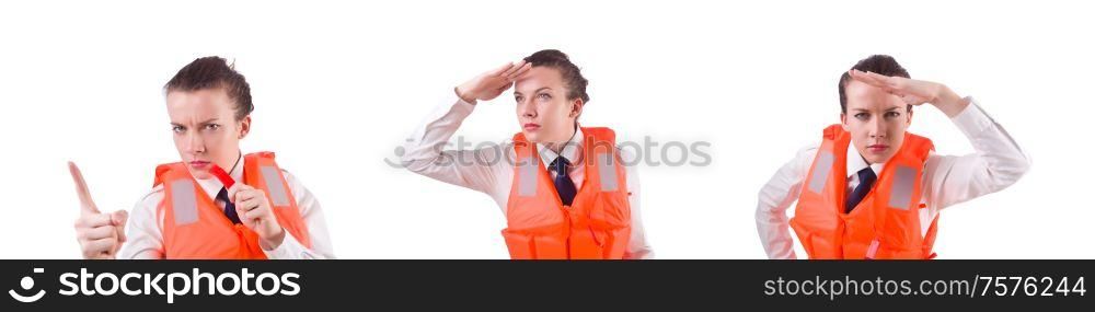 The young woman with life vest on white. Young woman with life vest on white