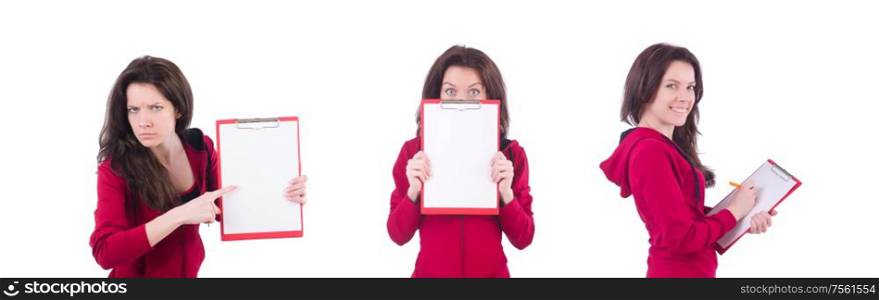 The young woman with notepad on white. Young woman with notepad on white