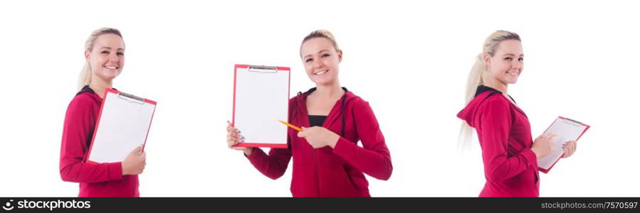 The young woman with notepad on white. Young woman with notepad on white