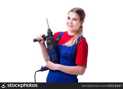 The young woman with power drill isolated on white. Young woman with power drill isolated on white
