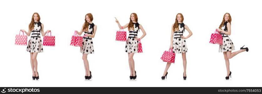 The young woman with shopping bags on white. Young woman with shopping bags on white