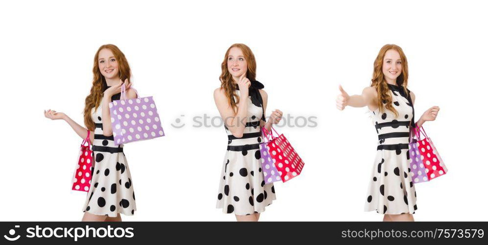 The young woman with shopping bags on white. Young woman with shopping bags on white