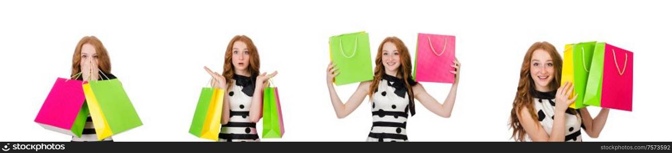 The young woman with shopping bags on white. Young woman with shopping bags on white
