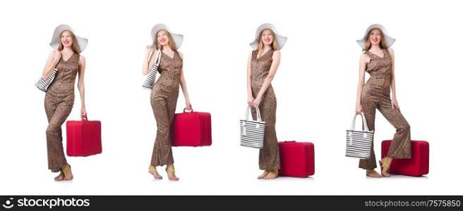 The young woman with suitcase on white. Young woman with suitcase on white
