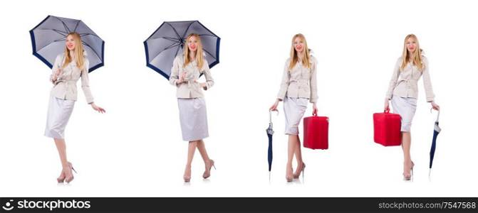 The young woman with umbrella on white. Young woman with umbrella on white