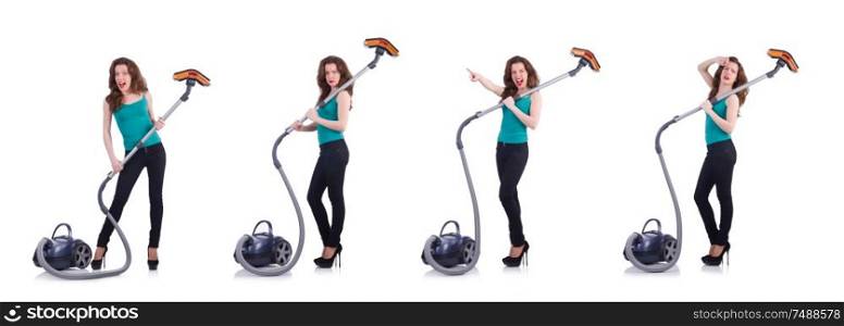 The young woman with vacuum cleaner on white. Young woman with vacuum cleaner on white