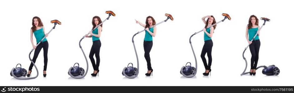 The young woman with vacuum cleaner on white. Young woman with vacuum cleaner on white