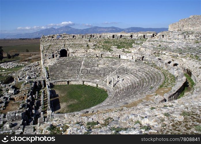Theater in Miletus and mountain, Turkey
