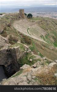 Theater on the slope of hill in Bergama, Turkey