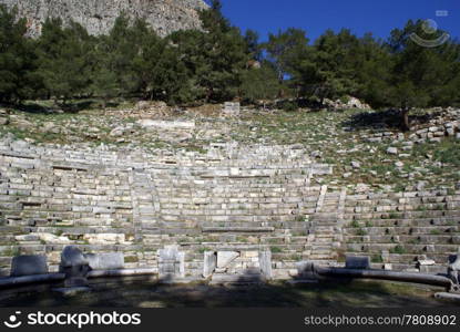 Theater, shadow and pine trees in Priene, Turkey