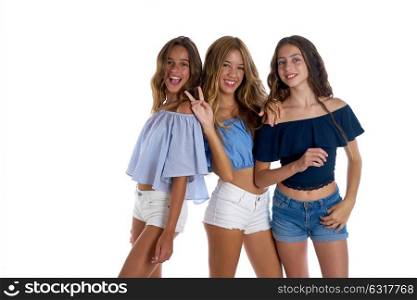 Thee teen best friends girls happy together on white background