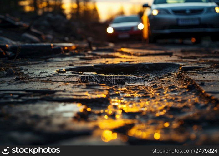 There are many potholes on the roadway close-up. Generative AI