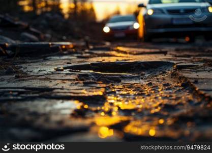 There are many potholes on the roadway close-up. Generative AI