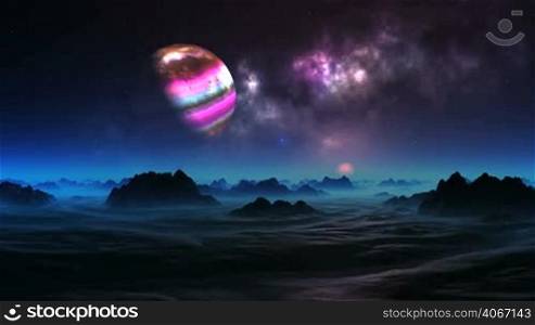 There is a big nebula on the dark starry sky. Slowly the colorful planet rotates. Bright pink sun rises. Dark rocks and riverbeds are covered with thick glowing blue mist.