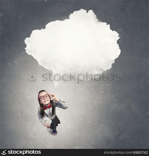 There is great idea in my mind. Wideangle picture of funny schoolgirl with paper plane in hand