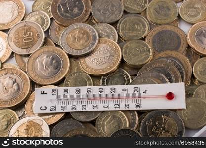 Thermometer and Turkish Lira coins . Thermometer instrument and Turkish Lira coins