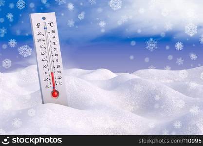Thermometer in the snow on the background of snowflakes. 3d rendering.