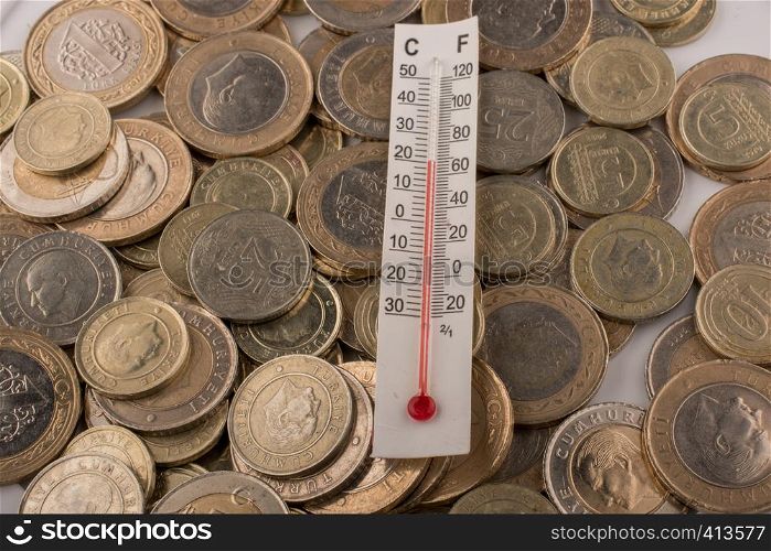 Thermometer instrument and Turkish Lira coins