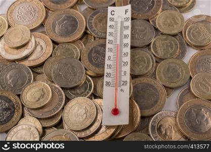 Thermometer instrument and Turkish Lira coins