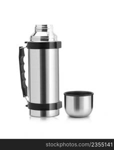 Thermos flask, steel thermos isolated on white background. With clipping path